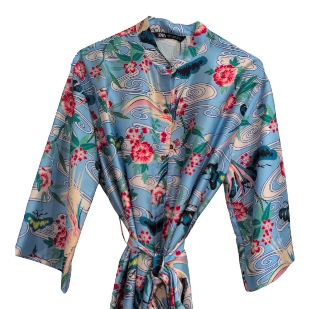 NWT Zara Women's Printed Kimono Blue Shirt Dress With Belt Medium - Picture 5 of 7